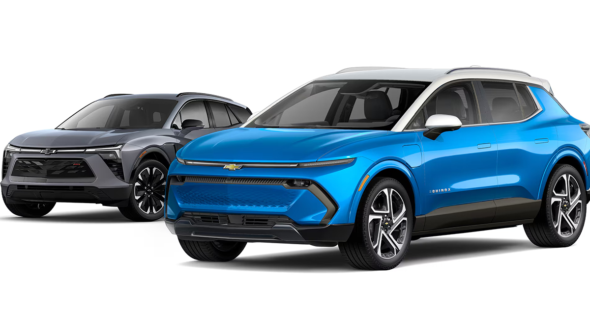 Gray and blue Chevrolet Equinox SUVs positioned on white background showing model comparison